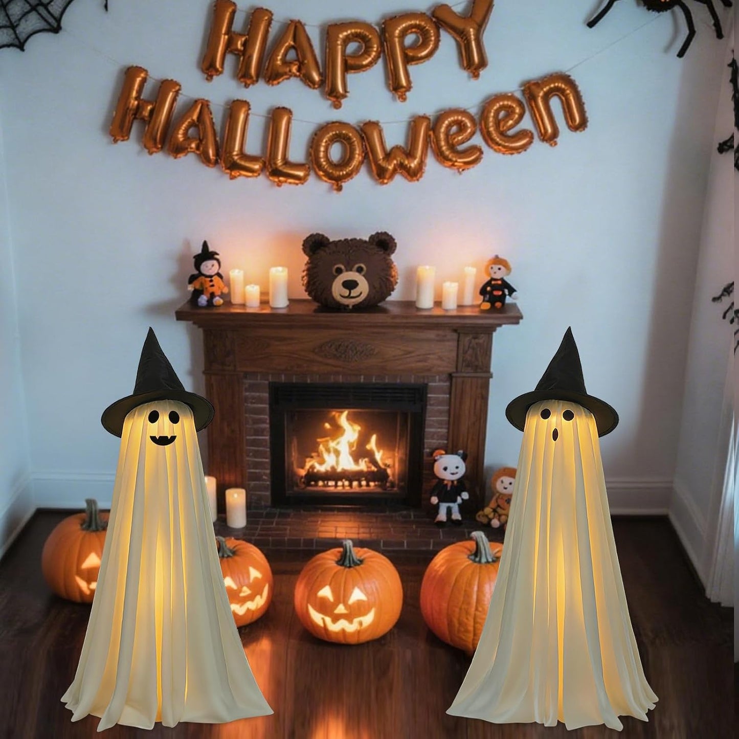 Halloween Ghost and Pumpkin Decorations Light Up Indoor Outdoor 2 Pack